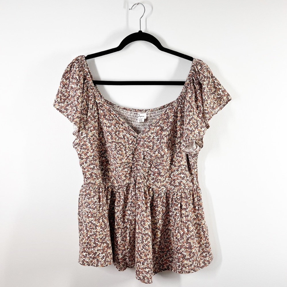 Smocked ditzy floral printed flutter sleeve blouse